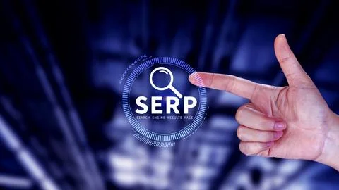 SERP, Search Engine Result Pages concept, magnifying glass with text SERP, .. Stock Photos