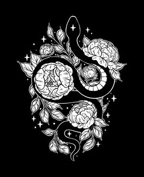 Serpent coiled with peonies  Botanical snake tattoo design Stock Illustration