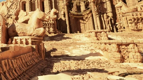 Serpent structures with ornate decor in sandy desert landscape Stockbeeldmateriaal 342040112