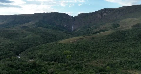 Serra da Canastra plateau with Casca D’anta Waterfall, aerial/drone pan shot Stock Footage 315138478
