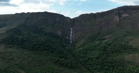 Serra da Canastra plateau with Casca D’anta Waterfall, aerial/drone pan shot Stock Footage 315138550