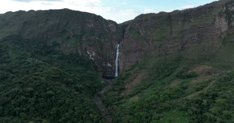 Serra da Canastra plateau with Casca D’anta Waterfall, aerial/drone pan shot Stock Footage 315138555