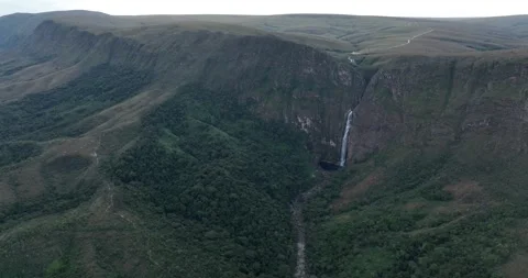 Serra da Canastra plateau with Casca D’anta Waterfall, aerial/drone push-in Stock Footage 315140416
