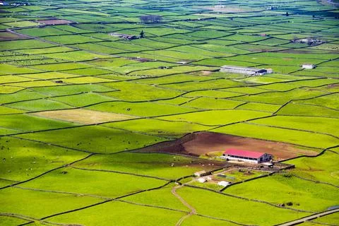 Serra do Cume Viewpoint overlooking the patchwork green pastures Island of 스톡 사진