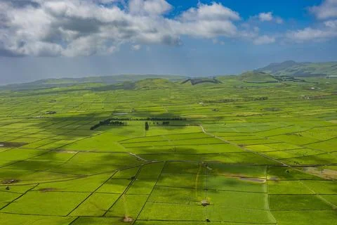 Serra do Cume Viewpoint overlooking the patchwork green pastures Island of 스톡 사진