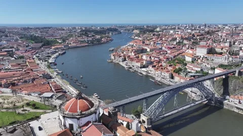 Serra Do Pilar Monastery. Luis I Bridge. Ribeira Pier. Douro River Scene. Video stock 342590447