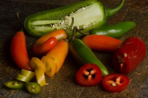 Serrano and jalapeno hot peppers Stock Photos