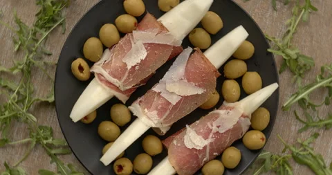 Serrano ham and melon snacks. Stock Footage 278514409