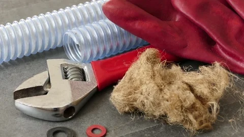 Serrated kitchen drain pipe and wrench,plumbing linen and thick work gloves-p Stock Footage 170625991