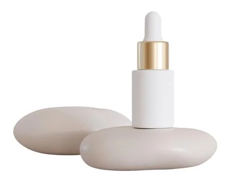 Serum bottle is centered on two smooth stones. The bottle features a dropper  Foto stock