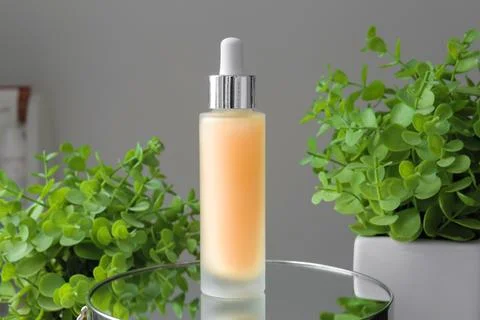 Serum for the face on a mirror surface on a background of greenery. Stock Photos