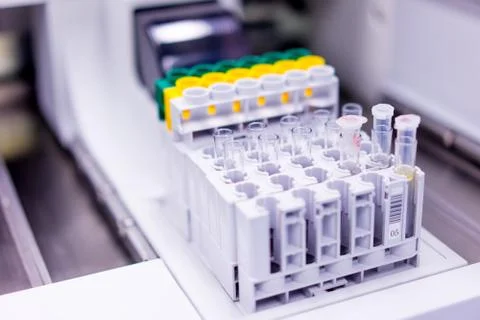 Serum sampling tubes in scientific laboratories Stock Photos
