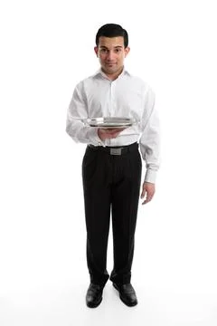 Servant or waiter with empty silver tray Servant, barman or waiter holding... Stock-Fotos