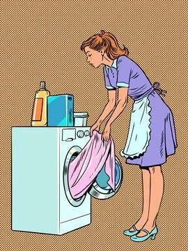 The servants help the owners with the laundry. Responsible housewife takes care Stock Illustration