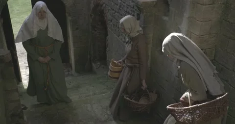 Servants walk down steps in castle stop to acknowledge a noble lady #5 Stock Footage 149996538