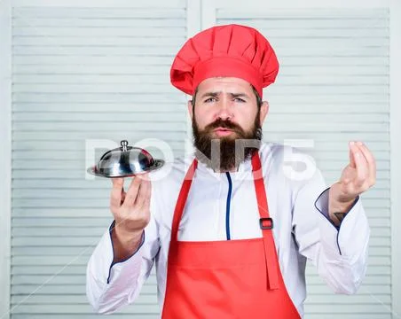 Serve food. Cuisine culinary. man holds kitchen dish tray in restaurant. Healthy Stock-Fotos