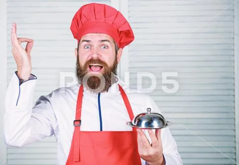Serve food. Cuisine culinary. man holds kitchen dish tray in restaurant. Healthy Stock Photos