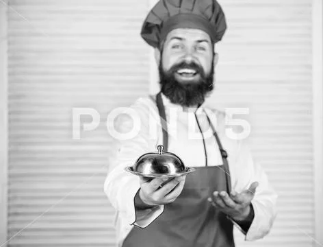 Serve food. Cuisine culinary. man holds kitchen dish tray in restaurant. Healthy Stock-Fotos