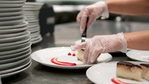 Serve pieces of cake on a plate Serving slice of cheesecake on a plate Stock Footage 294207896