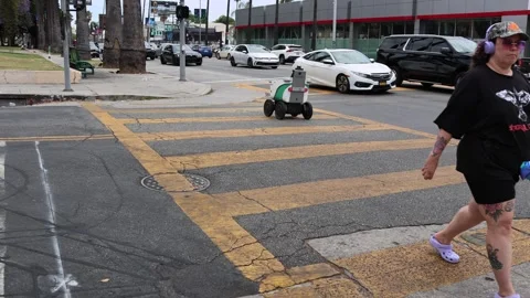Serve Robotics autonomous delivery robot crossing a pedestrian crosswalk Stock Footage 340569416