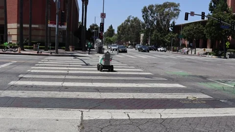 Serve Robotics autonomous delivery robot crossing a pedestrian crosswalk Stock Footage 340844754