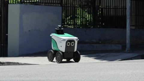 Serve Robotics autonomous delivery robot navigating a sidewalk Stock Footage 340845745