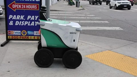 Serve Robotics Delivery Robot on the Street, Delivering Food to a Customer Stock Footage 321036417