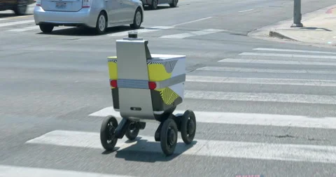 Serve self-driving robot delivers food on demand and remotely monitored, 4K Stock Footage 156737216