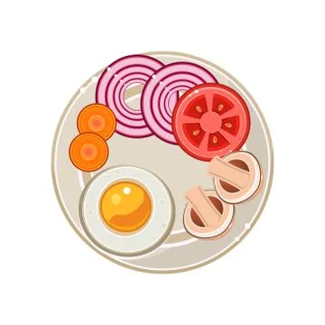 Served Breakfast with Fried Egg and Vegetables. Vector Illustration Stock Illustration
