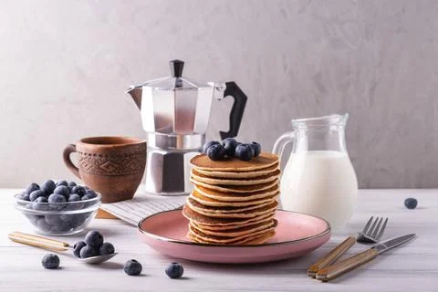 Served breakfast with pancakes Stock Photos