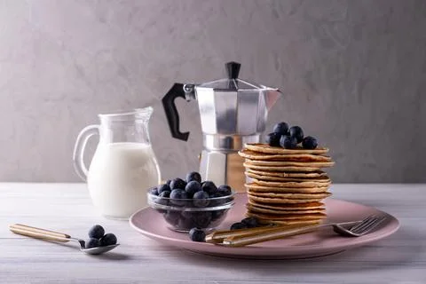 Served breakfast with pancakes Stock Photos