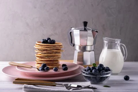 Served breakfast with pancakes Stock Photos