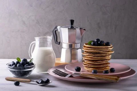 Served breakfast with pancakes Stock Photos