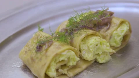 Served Christmas pasta with cod Stock Footage 145649427