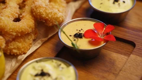 Served deep fried fish mix food set composition. Cook made squid rings, sprat 스톡 동영상 158335850