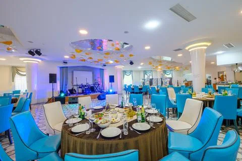 Served dinner table in a restaurant. Restaurant interior Foto stock