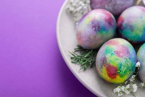 Served Easter plate with eggs and flowers Stock Photos