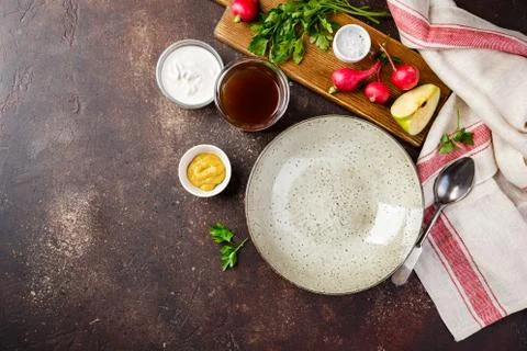 Served empty plate for summer soup Okroshka Stock Photos