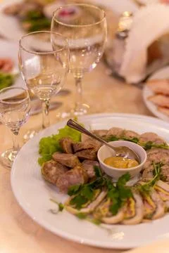 Served festive table with snacks, glasses, glasses, cutlery and napkins for a Fotos Stock