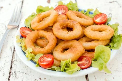 Served fried squid rings Stock Photos