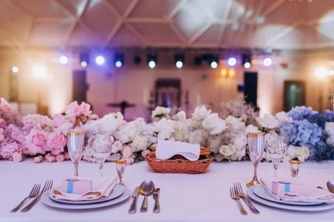 Served holiday table. decorated table at a banquet. a set table at a wedding. Stock Photos