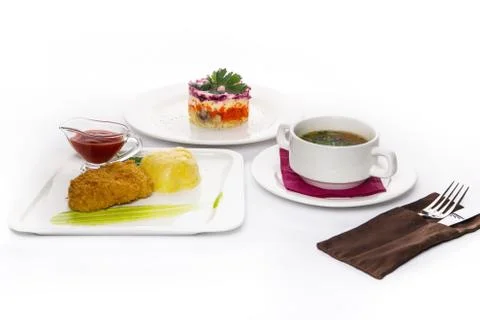 Served lunch on the table on a white background. Lunch with tea Foto stock