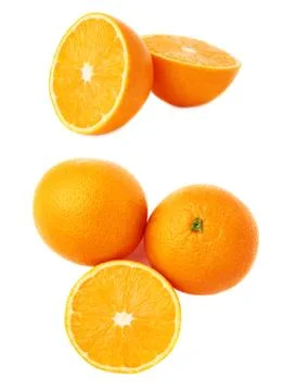 Served orange fruit composition isolated over the white background, set of Foto stock