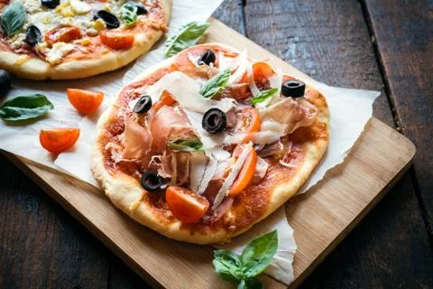 Served prosciutto mini pizza Stock Photos
