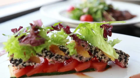 Served restaurant dishes focus transzaction Stock Footage 68864672