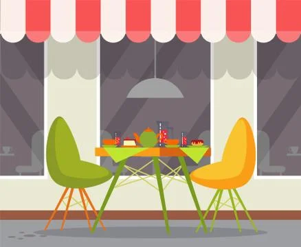 Served Table and Couple of Chairs Outdoor Vector Ilustração Stock