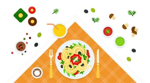 Served table and dish of spaghetti vector icon flat isolated illustration Stock Illustration