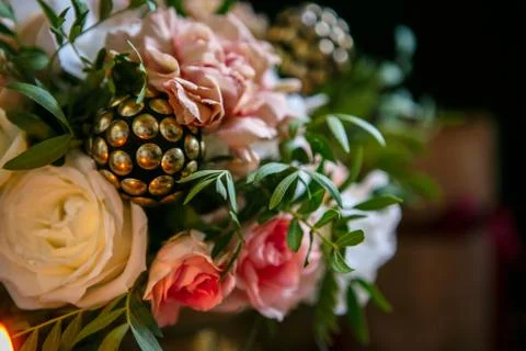 Served table with bouquet and candles Stock Photos