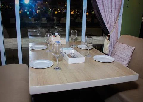 Served table in a cafe, waiting for guests. anapa city 2022 august 22 Stock Photos