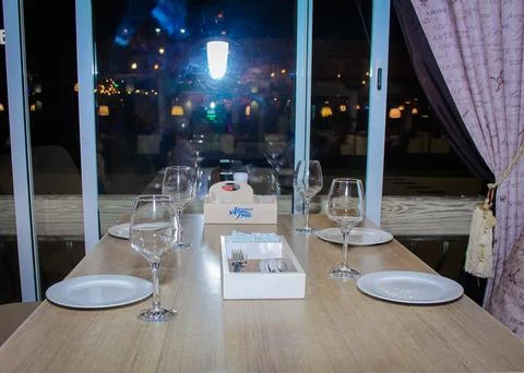 Served table in a cafe, waiting for guests. anapa city 2022 august 22 Stock Photos